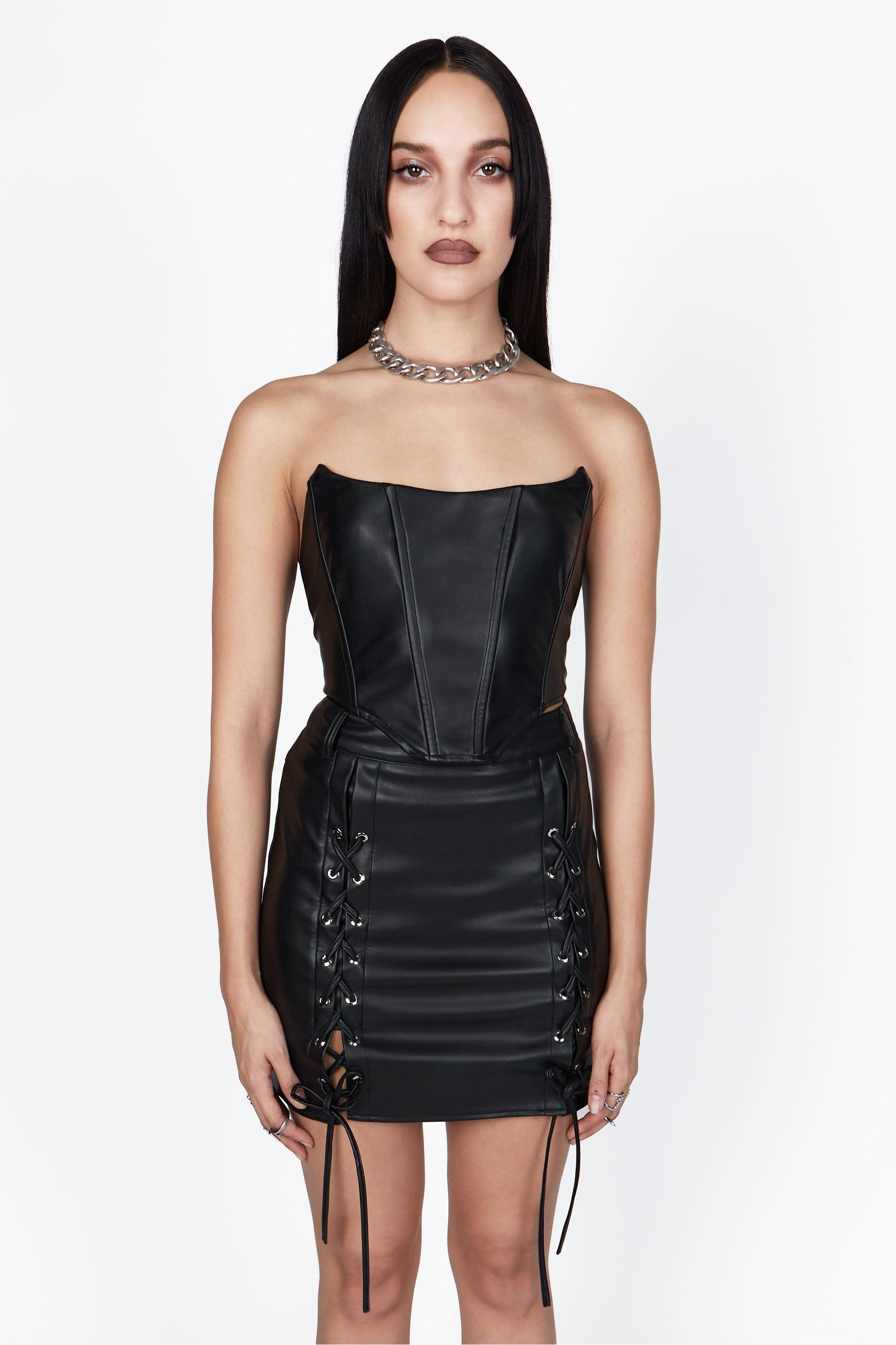 Black Washed Faux Leather Boned Corset Crop Top